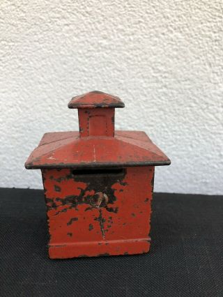 Small Antique Red Painted Cast Iron Bank w/Cupola 4