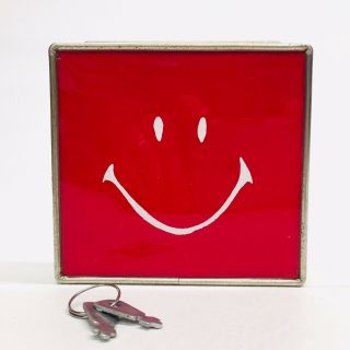 Mid - Century Red & White Square Smiley Face Metal Coin Bank With Key