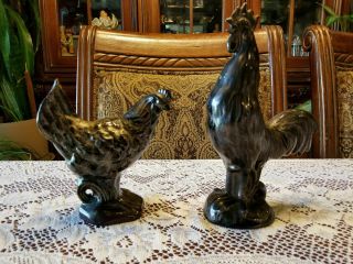 Rooster 10 " & Chicken 6 " Vintage Glazed Ceramic Statue Figurines