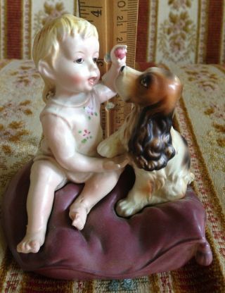 Vintage Japan Piano Baby Girl And Her Cocker Spaniel Dog - A Pretty Pillow Pair