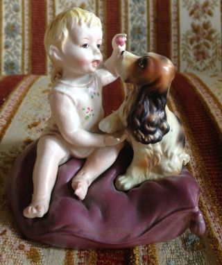 Vintage Japan Piano Baby Girl And Her Cocker Spaniel Dog - A Pretty Pillow Pair 3