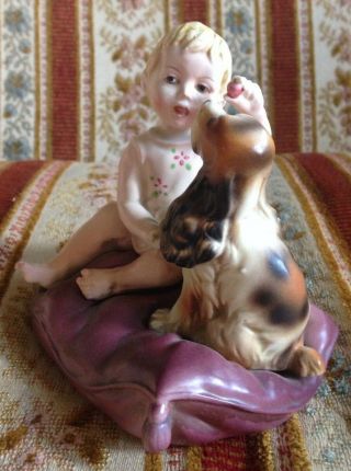 Vintage Japan Piano Baby Girl And Her Cocker Spaniel Dog - A Pretty Pillow Pair 6