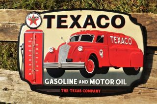 Texaco Gasoline And Motor Oil Thermometer Embossed Tin Metal Sign - Gas Pump