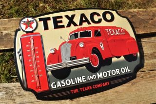 Texaco Gasoline and Motor Oil Thermometer Embossed Tin Metal Sign - Gas Pump 2
