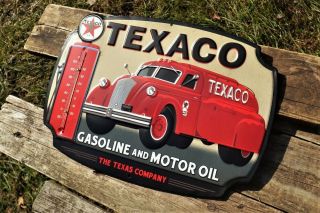 Texaco Gasoline and Motor Oil Thermometer Embossed Tin Metal Sign - Gas Pump 4