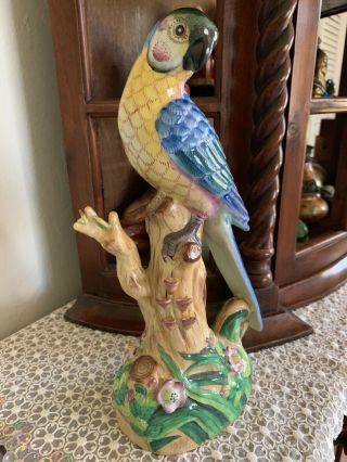 Lovely Blue & Yellow Parakeet Parrot Tropical Bird Statue