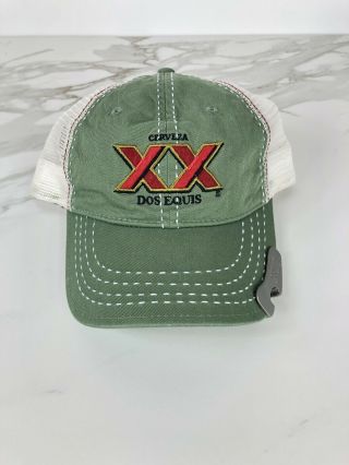 Green With Red Xx Dos Equis Cerveza Trucker Hat With Bottle Opener On Lid