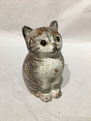 Antique - Striped Cat - Cast Iron - Coin Bank - Hand Painted Vintage Collectible