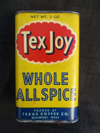 Vintage Tex Joy Allspice Tin Cardboard Can Texas Coffee Co.  Beaumont,  Tx