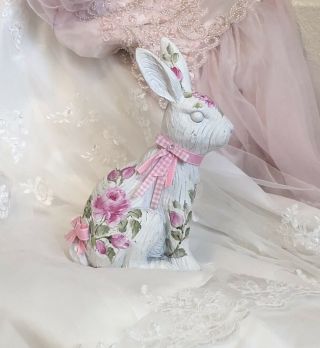 Bunny Rabbit Hp Roses Sculpture French Country Garden Room Decor Shabby Chic