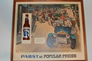 Old Pabst Blue Ribbon Beer Sign 1st Auto Race Roanoke Scene Wood Frame