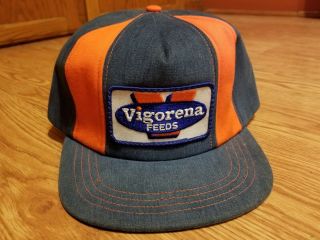 Vtg Vigorena Denim Orange Baseball Cap Snap - A - Tab Adjustment Fits 7 - 1/8 To 7 - 5/8
