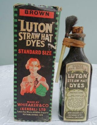 Vintage Advertising Luton Straw Hat Dyes Box Bottle 1930s Flapper Girl Display