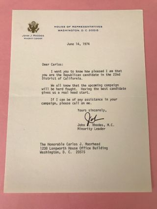 John Rhodes 1974 Typed Letter Signed As Congressman - To Carlos Moorhead
