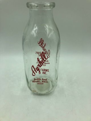 Vintage Glass Quart Milk Bottle Ayrhill Farms Adams,  Mass