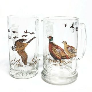 2 Vintage Heilemans Old Style Heavy Glass Beer Mug Game Birds For Mancave