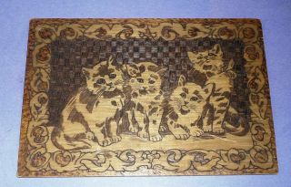 Antique Flemish Art Pyrography Of Kittens On Wooden Board