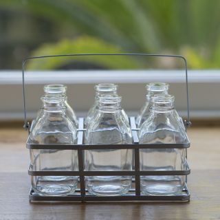 X1 Set 6 School Milk Bottles In Silver Crate Flower Bud Vase Drinking Glass