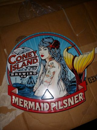 Coney Island Brewing Co Mermaid Pilsner Tin Tacker Advertising Sign Brooklyn