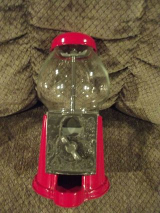Red Metal Glass Carousel Coin Bank Gumball Candy Machine Vintage 1985