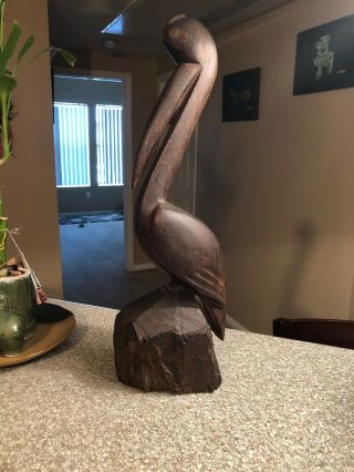 Vintage Hand Carved Wood Wooden Pelican Figurine Statue 18” Tall 2