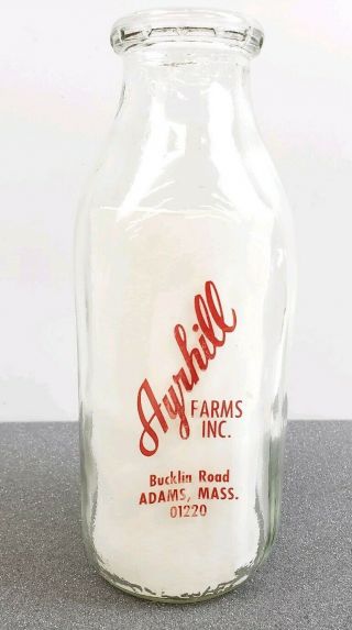Vintage Glass Quart Milk Bottle Ayrhill Farms Adams,  Mass Dairy Farmhouse Decor
