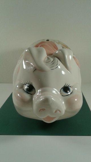 Vintage Ceramic Large White & Pink Piggy Bank W/ Bow & Flowers Detail