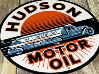 Vintage Hudson Motor Oil 11 3/4 " Porcelain Metal Gasoline & Oil Company Sign