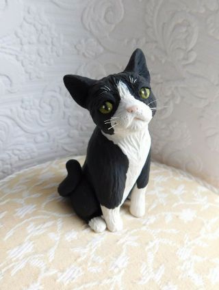 Black And White Tuxedo Cat Lover Clay Figurine Polymer Clay Sculpture By Raquel