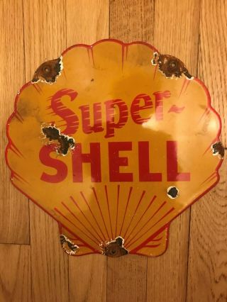 Old Die - Cut Porcelain Enamel Metal Shell Oil Gasoline Pump Plate Sign