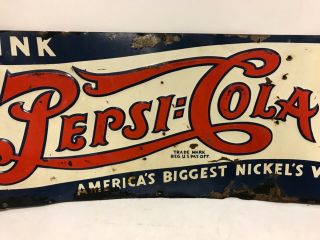 Vintage Pepsi Cola Double Dot Metal Tin Embossed Sign 1940 Very Rare Htf