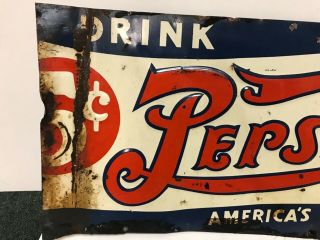 Vintage Pepsi Cola Double Dot Metal Tin Embossed Sign 1940 Very Rare HTF 3