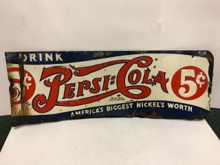 Vintage Pepsi Cola Double Dot Metal Tin Embossed Sign 1940 Very Rare HTF 4