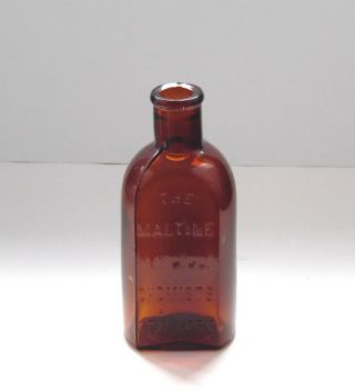 Antique The Maltine Mfg Co Chemists York Amber Glass Bottle Embossed 7.  5 "