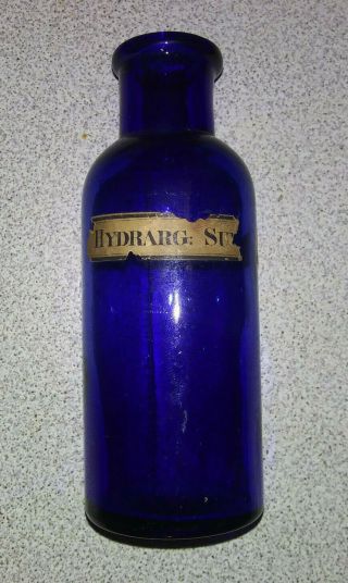 Antique Vintage Bottle Cobalt Blue Medicine / Poison Glass Partial Label 5 - 1/2 "