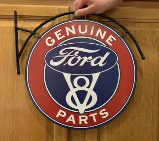 Ford Sign V8 Parts Double Sided Flange W/ Bracket Garage Pub Bar Gas Oil