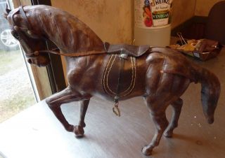 Wooden Leather Horse Statue Sculpture Vintage Figurine Gift Saddle Glass Eyes