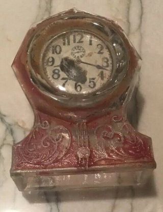 Antique Glass Mantle Clock Candy Container Red Paint Tin Slot Cap