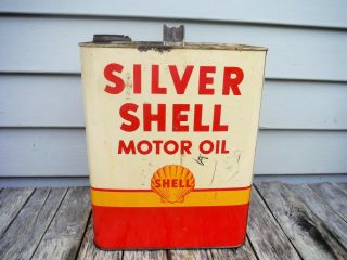 Vintage 2 Gallon Silver Shell Motor Oil Can Great Graphics