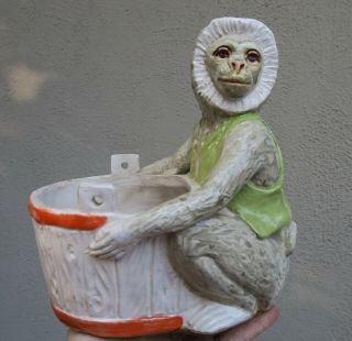 Austrian Vintage Porcelain Monkey Figurine Enamel Handpainted Spill Vase Bucket
