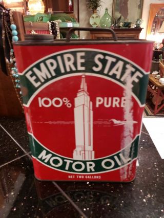 Vintage Empire State 100 Pure Motor Oil 2 Gallon Can Gas Station Advertising 2 2