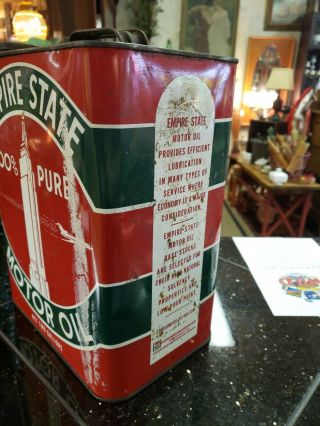 Vintage Empire State 100 Pure Motor Oil 2 Gallon Can Gas Station Advertising 2 4