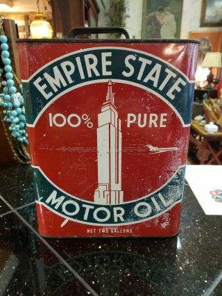 Vintage Empire State 100 Pure Motor Oil 2 Gallon Can Gas Station Advertising 2 7