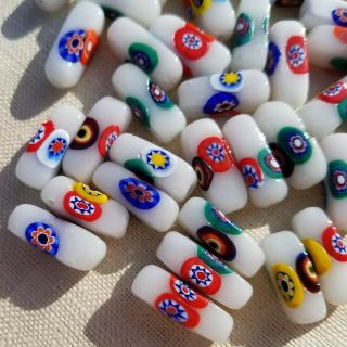 40 Vintage Venetian Murano Millefiori Beads White Square Rectangles 19 X 7 Mm