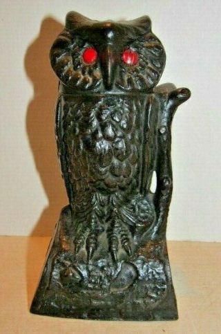 Antique Cast Iron Owl Turns Head Mechanical Bank With Red Eyes