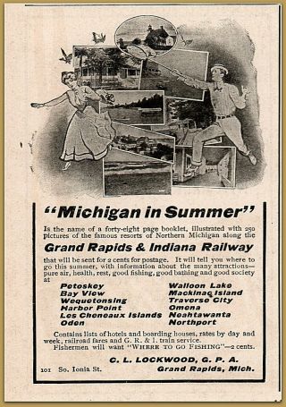 1902 B Grand Rapids & Indiana Railway Travel Tennis Petoskey Resorts Print Ad