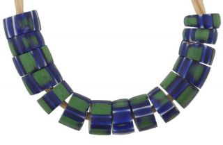 Old African Trade Beads 4l Blue Chevron Venetian Glass Beads Green Striped Rare