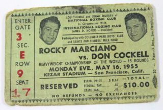 1955 Rocky Marciano Vs Don Cockell Heavyweight Championship Boxing Ticket Stub