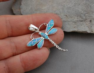 Opal Inlaid Dragonfly Slide Pendant Sterling Silver Signed Rs 1 5/8 " X1 3/8 " Blue
