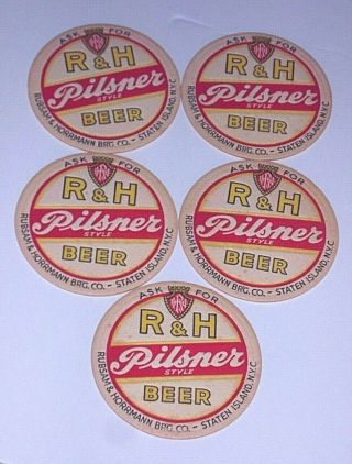 Five 4.  25 " R&h Pilsner Beer Coaster By Rubsam & Horrmann Brg Co Staten Island Ny